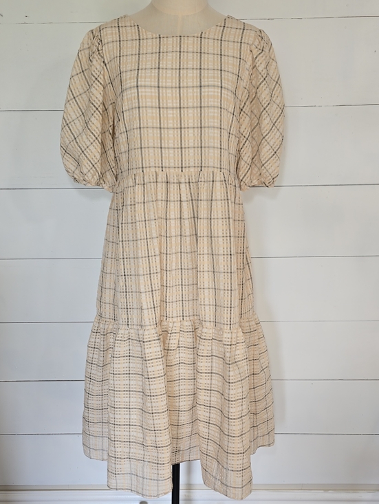 English Factory Dresses & Skirts - English Factory Plaid Tiered Puff-Sleeve Midi Dress Cream Tan Sz M